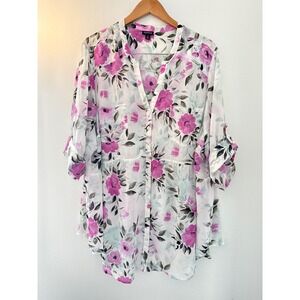 Torrid Floral Chiffon 3/4 sleeve Blouse Sz 4 Pink and White Spring Lightweight